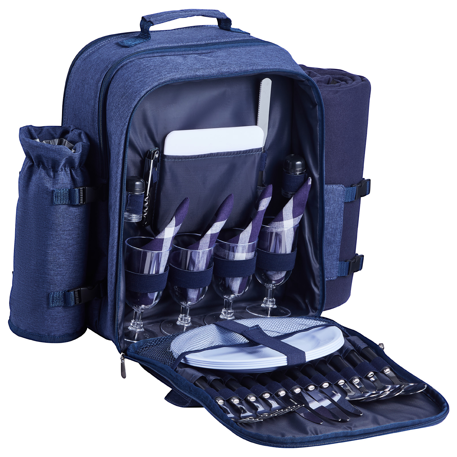 Beach Picnic Backpack Bag For 4 Person With Cooler Compartment Navy Blue_voghion.com